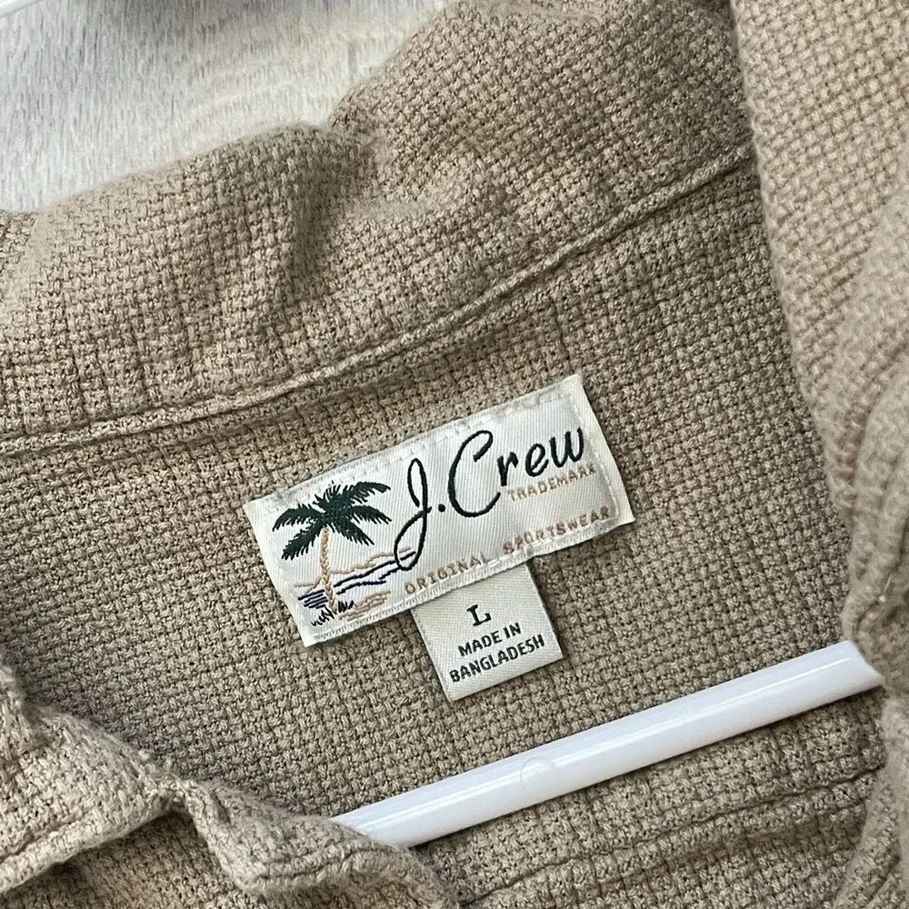 J.Crew Textured Shirt cotton camp collar button up mens Tan large classic preppy
